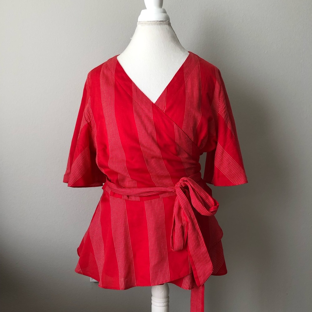 LOFT Red Striped Peplum Wrap Top